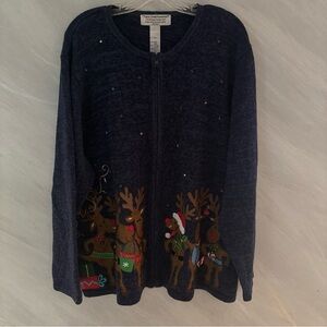 Tiara Christmas Collection 3X Full Zip Long Sleeve Embellished Reindeer Sweater